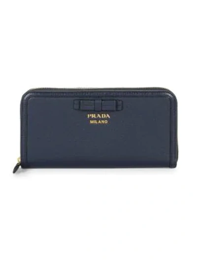 Prada Bow Detail Continental Leather Wallet In Blue