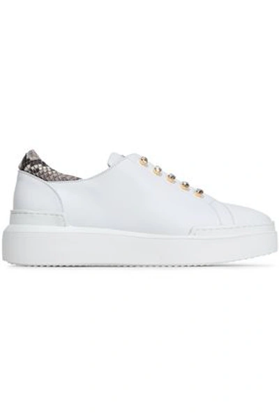 Roberto Cavalli Woman Embellished Snake-effect And Smooth Leather Slip-on Sneakers White
