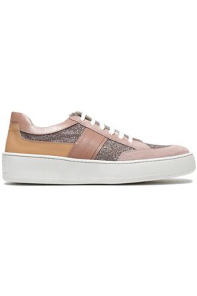 Sergio Rossi Glittered Leather And Suede Sneakers In Antique Rose