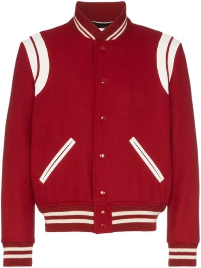 Saint Laurent Teddy Stretch Wool Varsity Jacket In Red