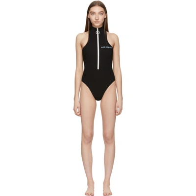 Off-white Cannettè Zip-detailed Ribbed Printed Swimsuit In Black Blue