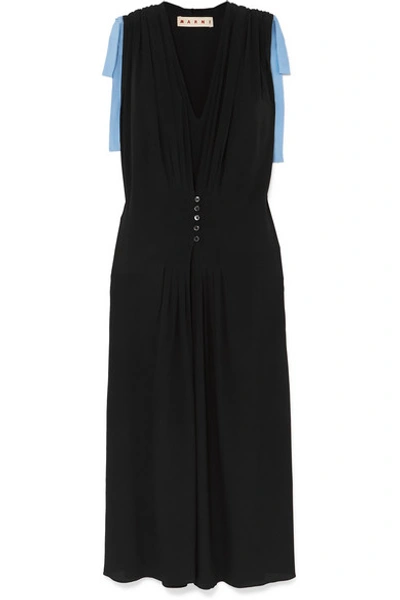Marni Bow-embellished Two-tone Crepe De Chine Dress In Black