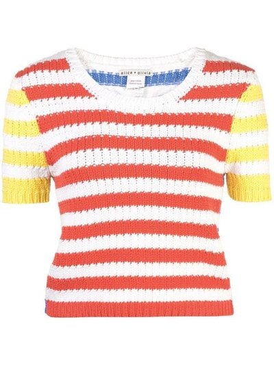 Alice And Olivia Ciara Striped Short-sleeve Cropped Cable Sweater In Multi