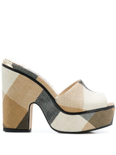 Jimmy Choo Deedee 125 Black And Caramel Check Raffia Wedges In Black/caramel