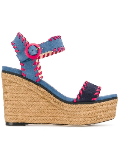 Jimmy Choo Abigail 100 Navy And Raspberry Mix Suede Chunky Wedges With Whipstitching In Blue