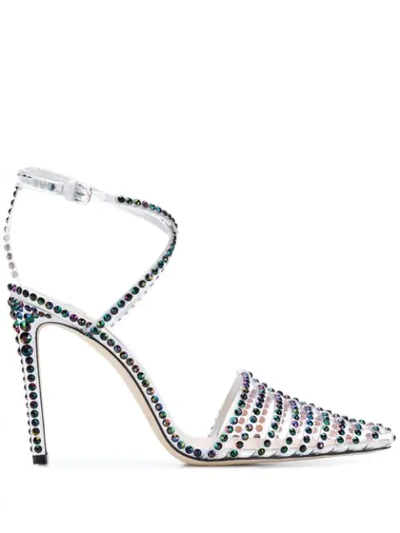 Jimmy Choo Tamai 100 Clear Plexi Heels With Horizontal Straps And Petrol Hotfix Crystals In Clear/petrol
