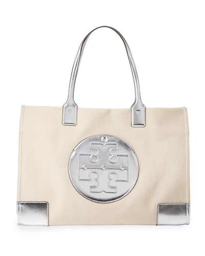Tory Burch Ella Canvas And Metallic Tote Bag In Natural/silver