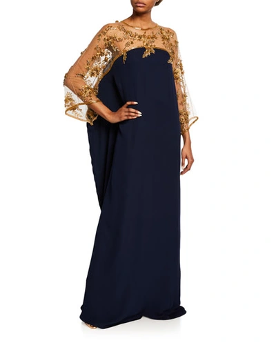 Marchesa Caftan-style Silk Illusion Gown In Navy