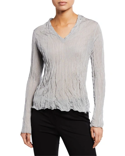 Theory Crinkle V-neck Long-sleeve Metallic Crepe Top In Silver
