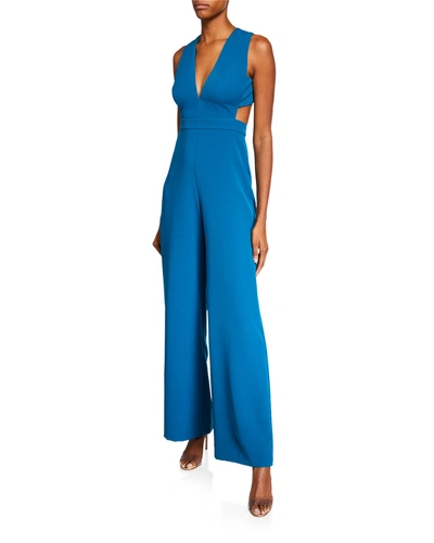 Aidan Mattox Plunge-neck Sleeveless Crepe Jumpsuit With Cutouts In Blue
