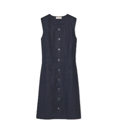 Tory Burch Button-front Sleeveless Linen Shift Dress In Navy Blue