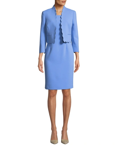 Albert Nipon Two-piece Scallop-edge Topper & Dress Set In Blue
