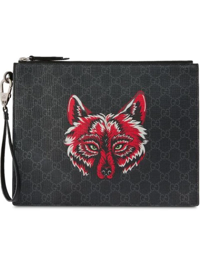 Gucci Gg Supreme Pouch With Wolf In Black