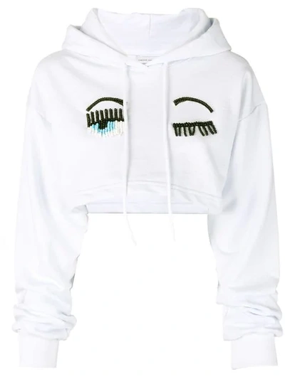 Chiara Ferragni Cropped Beaded Winking Hoodie In White