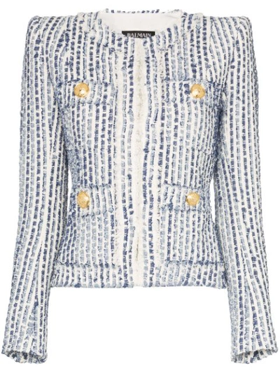 Balmain Striped Cotton-blend Tweed Jacket In White