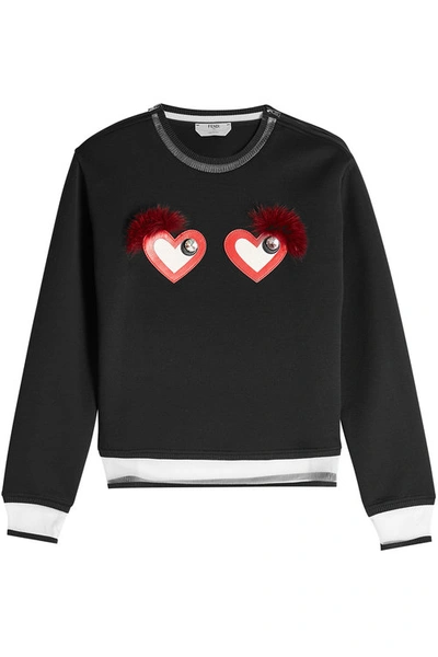 Fendi Beating Hearts Sweater With Genuine Fox Fur Trim In Black