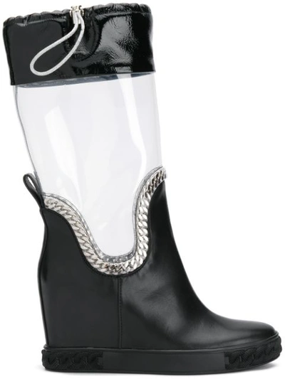 Casadei 80mm Plexi & Leather Wedge Boots In Black