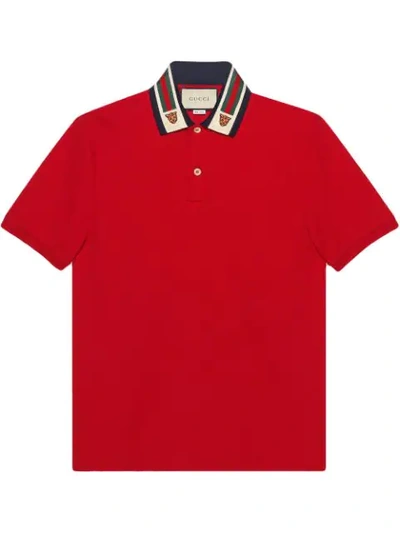 Gucci Cotton Polo With Web And Feline Head In Red