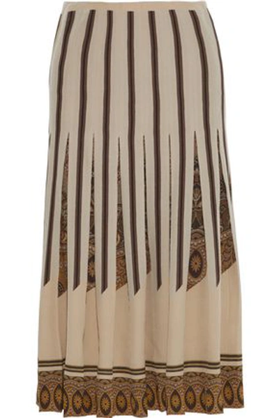 Etro Woman Pleated Printed Silk Crepe De Chine Midi Skirt Beige