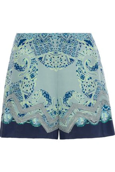 Etro Woman Crochet-trimmed Printed Washed-silk Shorts Grey Green