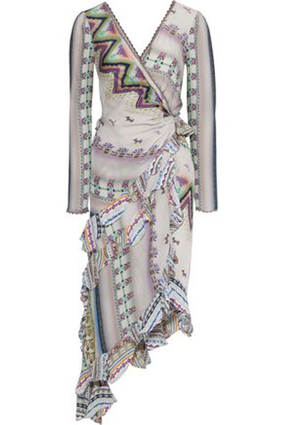 Etro Asymmetric Bead-embellished Printed Silk Midi Dress In Light Gray