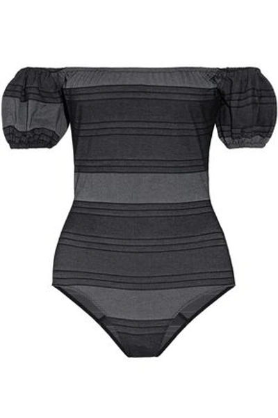 Lisa Marie Fernandez Woman Leandra Off-the-shoulder Striped Cotton-blend Denim Swimsuit Charcoal