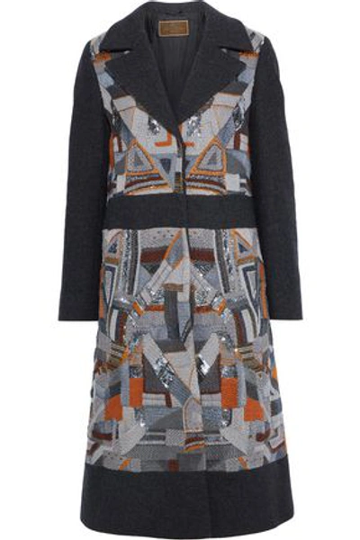 Etro Woman Paneled Embellished Felt Coat Dark Gray