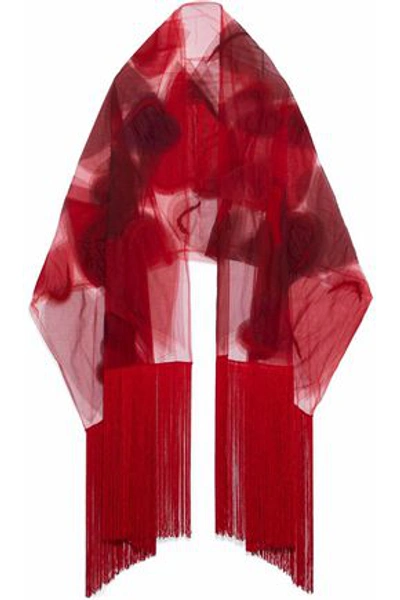 Valentino Woman Fringed Beaded Printed Tulle Scarf Red