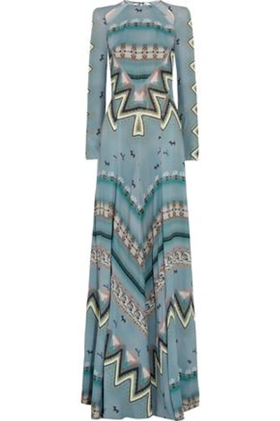 Etro Woman Open-back Cutout Printed Crepe De Chine Gown Turquoise