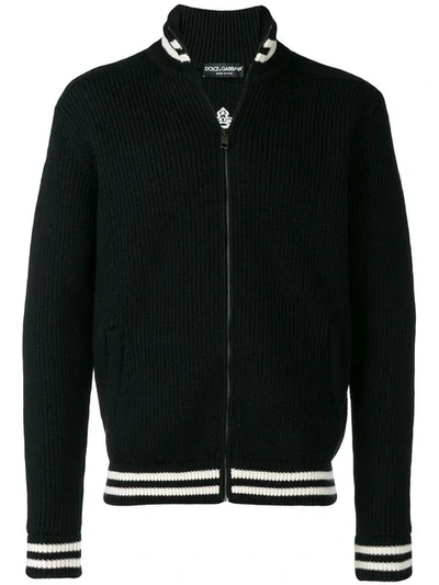 Dolce & Gabbana Logo Waffle Knit Cardigan In Black