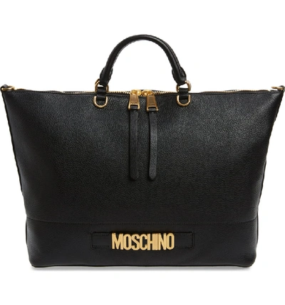 Moschino Logo Pebbled Leather Tote In Black