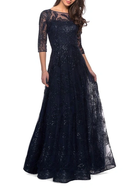 La Femme A-line Lace Sequin Gown With Sheer Scoop Neckline In Blue