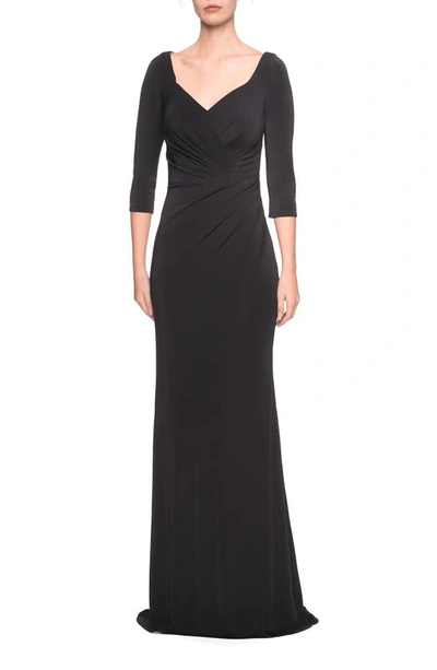 La Femme Ruched Jersey Column Gown In Black