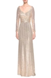 La Femme Long-sleeve V-neck Sequin Dress In Light Gold