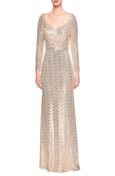 La Femme Long-sleeve V-neck Sequin Dress In Light Gold