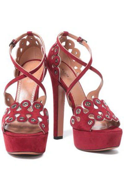 Alaïa Eyelet-embellished Scalloped Suede Platform Sandals In Claret