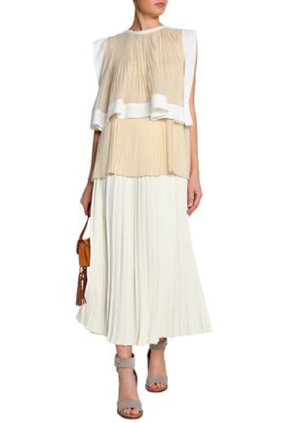 Chloé Woman Layered Pleated Chiffon Top Beige