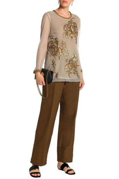 Chloé Embellished Cotton-blend Tulle Top In Sand