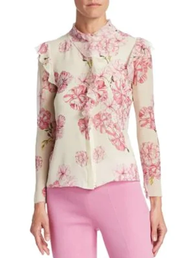 Giambattista Valli Ruffled Floral Silk Blouse In White Pink