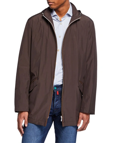 Kiton Men's Packable Rain Coat With Hood In Brown