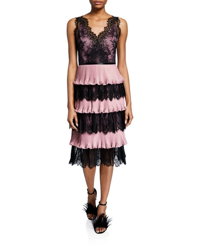 Marchesa Notte V-neck Sleeveless Tiered Scallop Lace & Pleated Lame Cocktail Dress