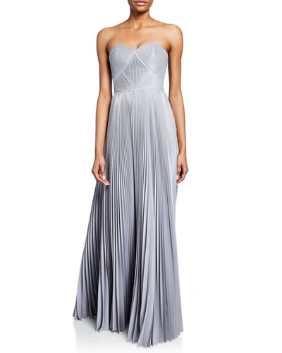 Marchesa Notte Strapless Pleated Lame Gown With Metallic Trim