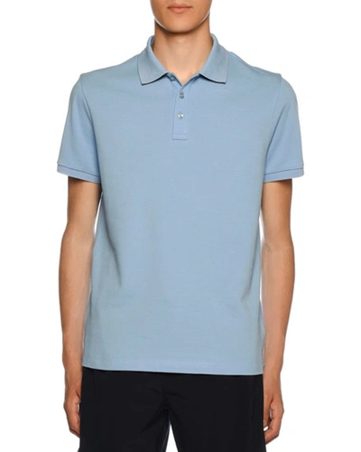 Moncler Men's Polo Shirt With Striped Undercollar In Pastel Blue