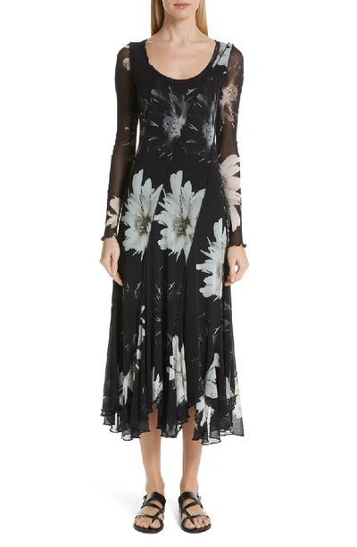 Fuzzi Flower-print Long-sleeve Scoop-neck Seamed Dress In Nero