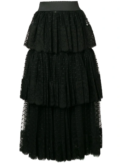 Dolce & Gabbana Tiered Tulle And Lace Midi Skirt In Black