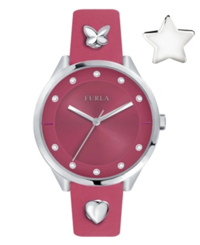 Furla Women's Pin Pink Dial Calfskin Leather Watch In Fuchsia