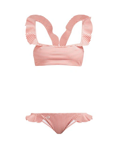 Fendi Ruffled Striped Bikini In Red