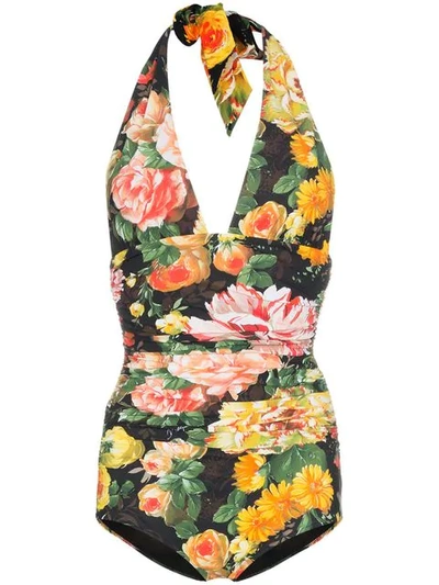 Dolce & Gabbana Gathered Floral-print Halterneck Swimsuit In Multicolour