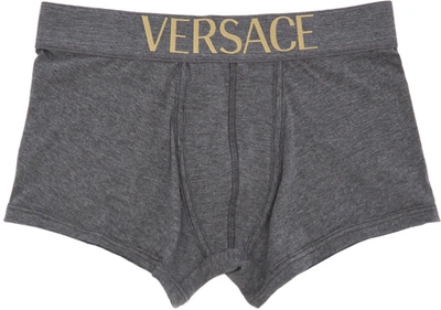 Versace Logo Stretch Cotton Jersey Boxer Briefs In Grey