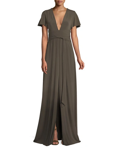 Halston Heritage Jersey Flutter-sleeve Wrap Gown In Sage